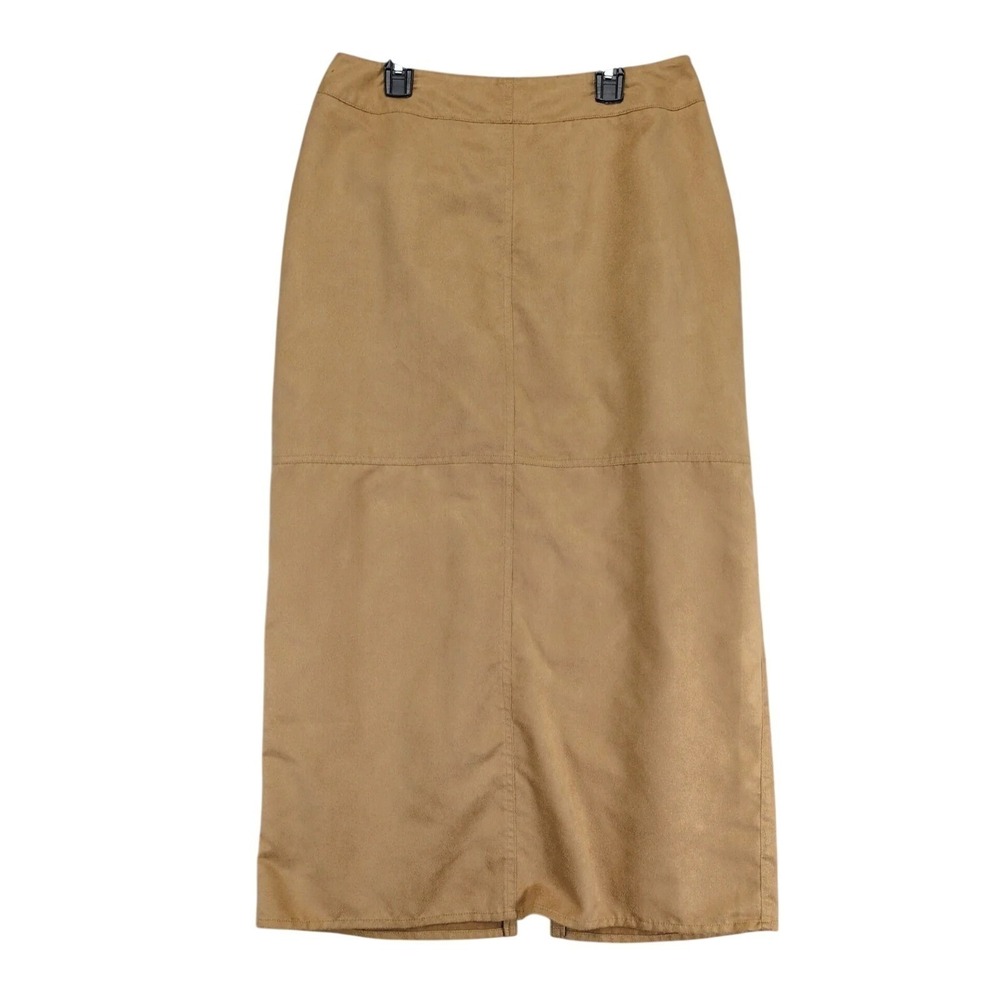 Vintage AGB Tan Faux Suede Straight Midi Skirt Sz 6 Western 90s Y2K Boho Country